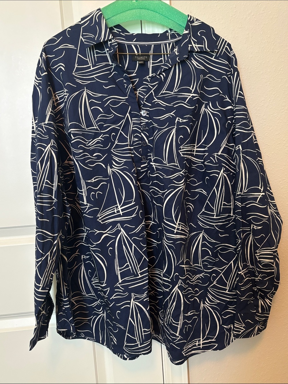 Talbots Navy and White Sailboat-Print Button-Down Shirt 3xp